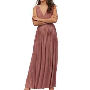 H&M Pleated Maxi Dress Gown in Old Rose Dusty Mauve Plunge Neckline Sz S